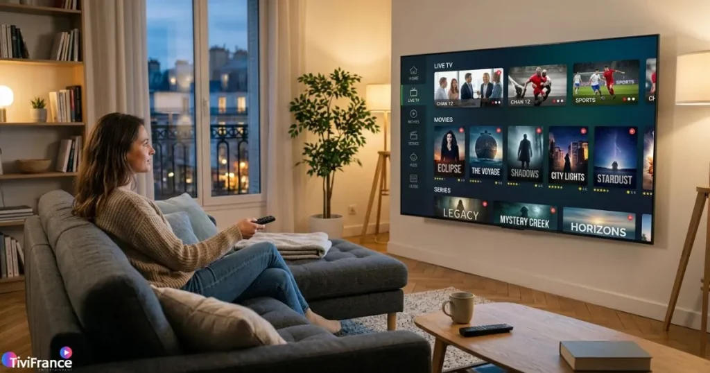 Service IPTV premium affiché sur une Smart TV moderne