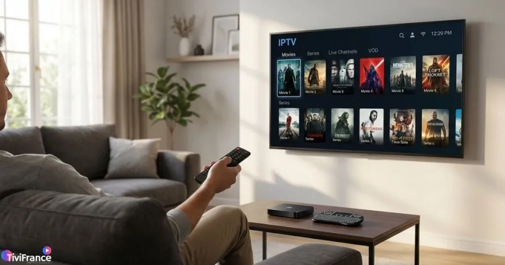 Configuration d’un code IPTV Smart TV dans un salon, personne utilisant une télécommande pour saisir ses identifiants IPTV sur une interface moderne