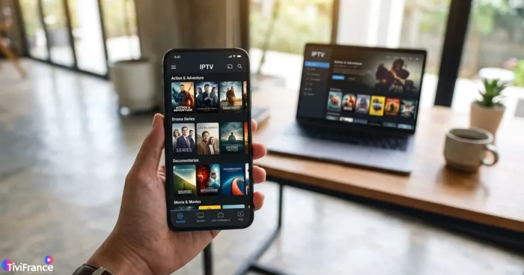 Smartphone affichant une interface IPTV, illustration des précautions à prendre avec les codes IPTV gratuits et les identifiants IPTV personnels