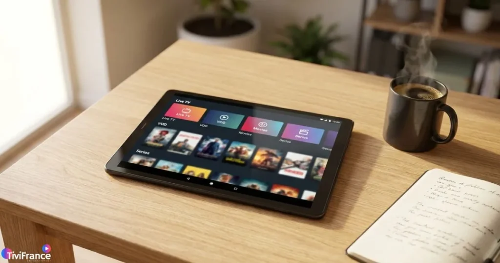 Lecteur IPTV gratuit configuré sur une tablette Android posée sur un bureau