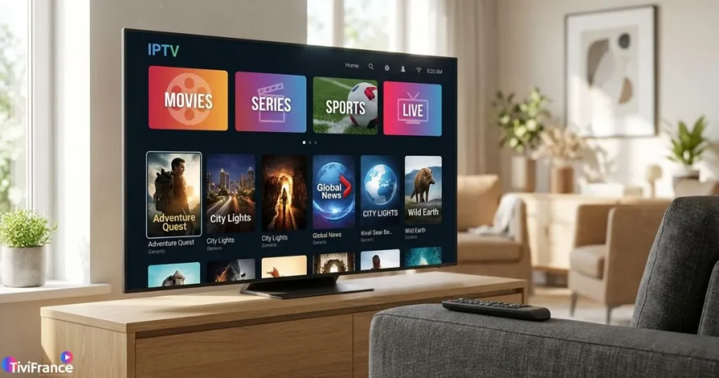 Interface d'une offre IPTV sur Smart TV dans un salon moderne et lumineux