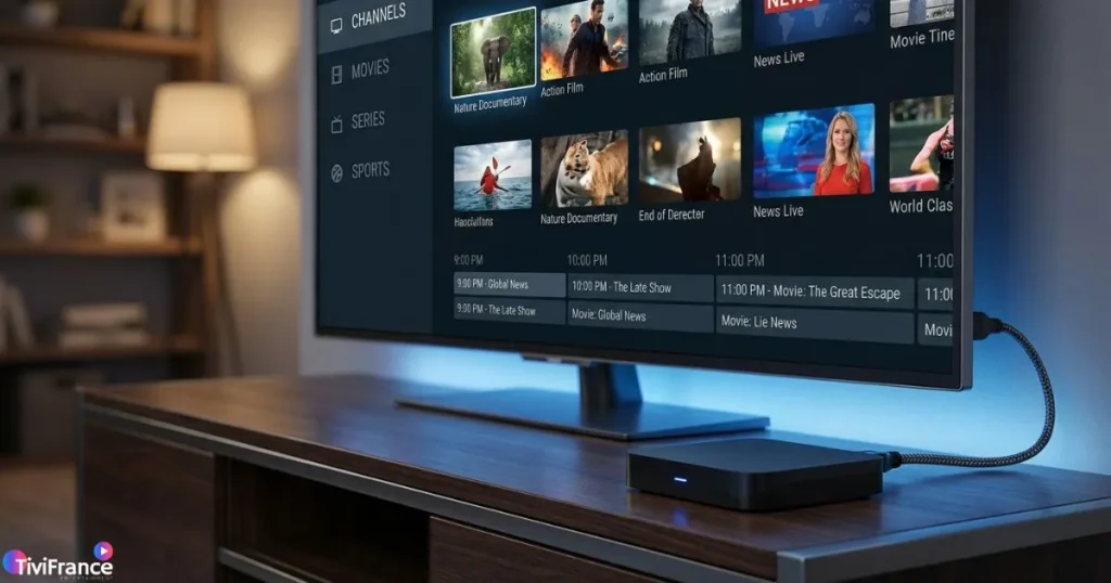 Interface d'une application lecteur IPTV avec liste de chaînes et guide EPG