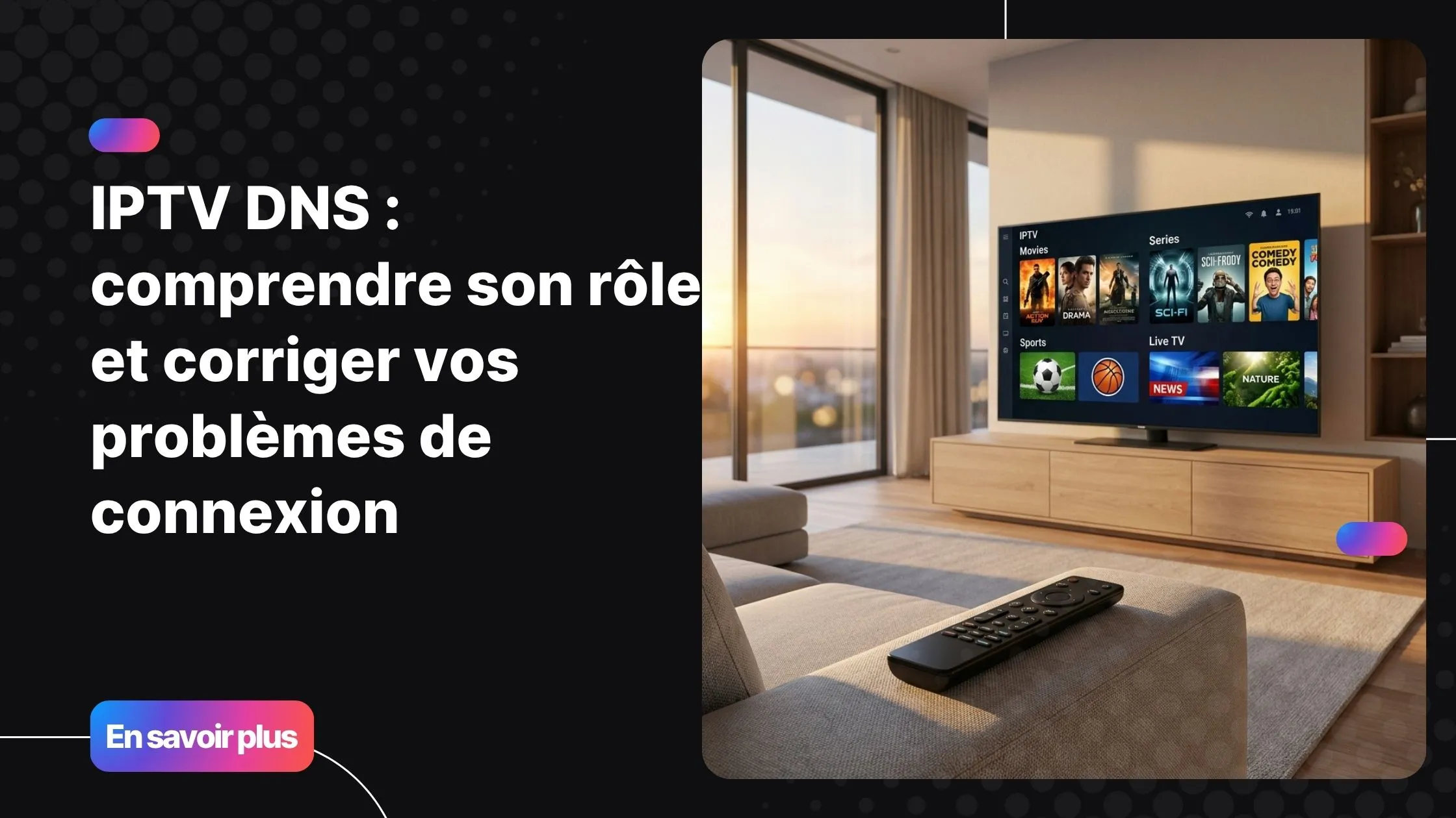 Illustration réaliste d'une configuration IPTV DNS sur Smart TV moderne dans un salon contemporain