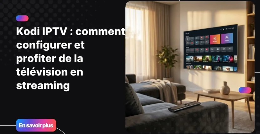 Lecteur IPTV Kodi sur grand écran dans un salon moderne
