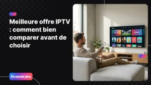 Homme choisissant la meilleure offre IPTV sur sa Smart TV dans un salon moderne