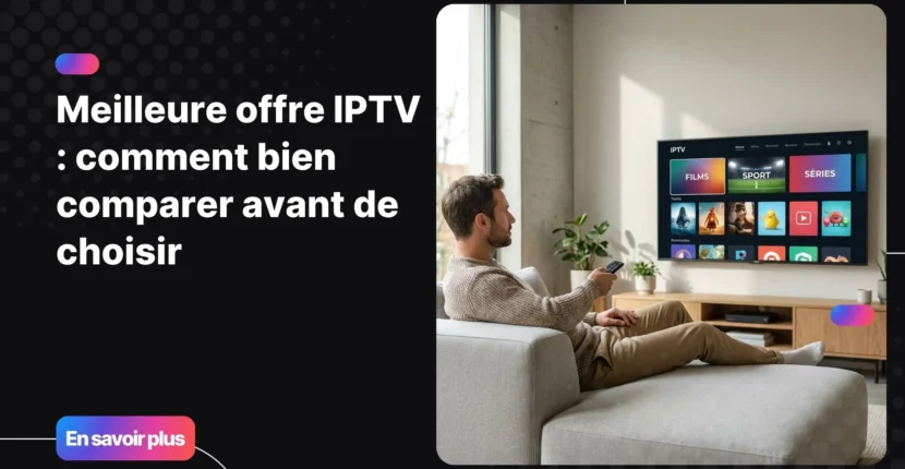 Homme choisissant la meilleure offre IPTV sur sa Smart TV dans un salon moderne