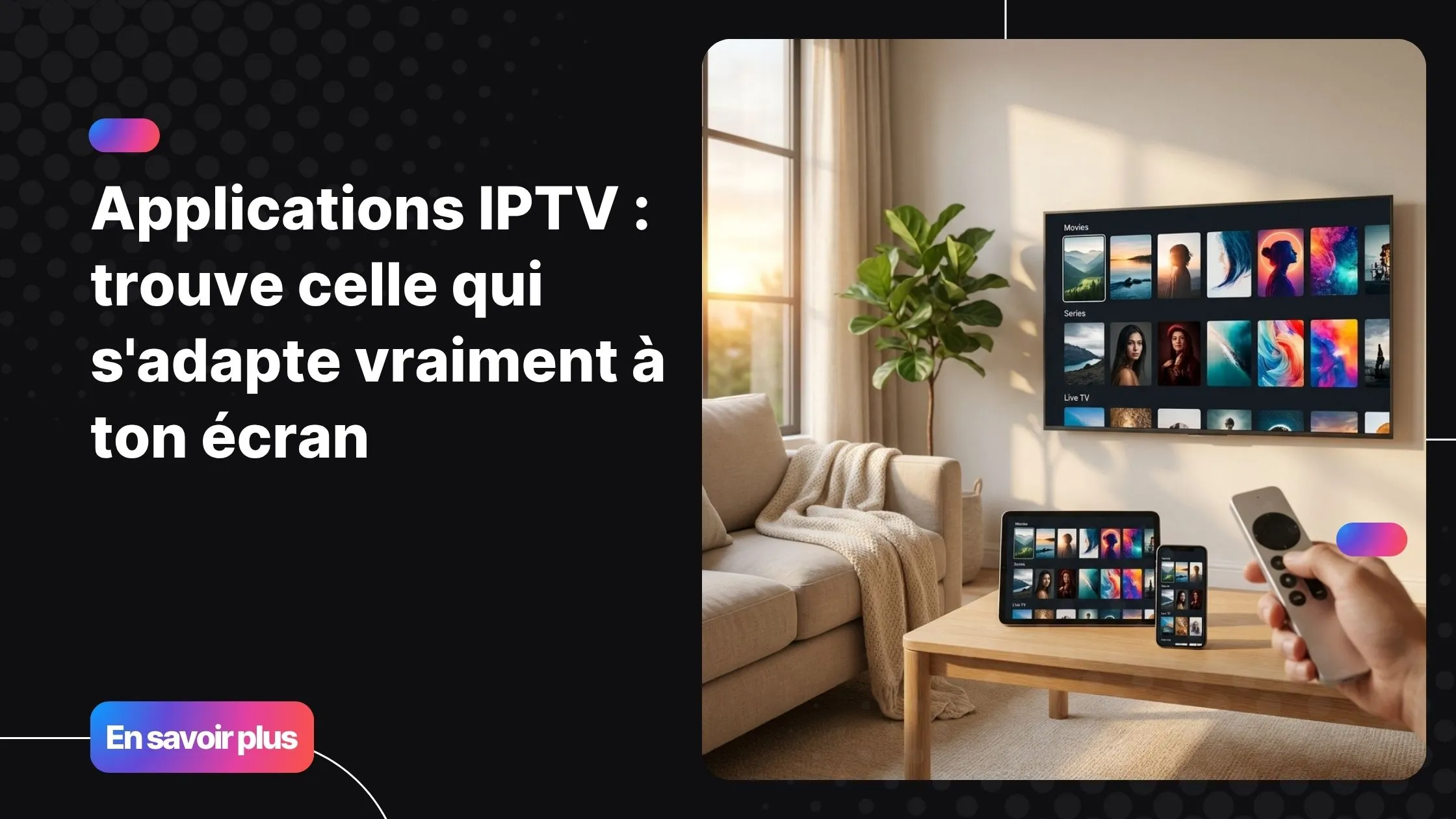 Applications IPTV affichées sur une Smart TV, une tablette et un smartphone dans un salon lumineux
