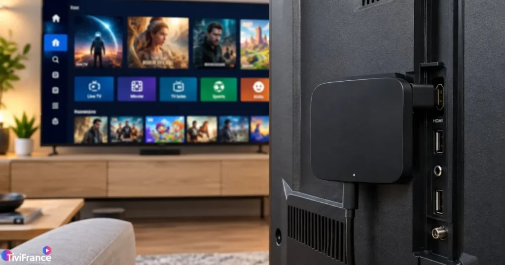 Boîtier Android TV branché en HDMI sur un téléviseur pour regarder IPTV sur Smart TV
