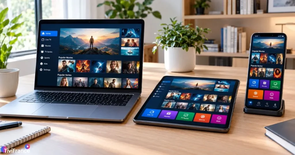 streaming IPTV fluide sur plusieurs appareils connectés dans un environnement domestique moderne