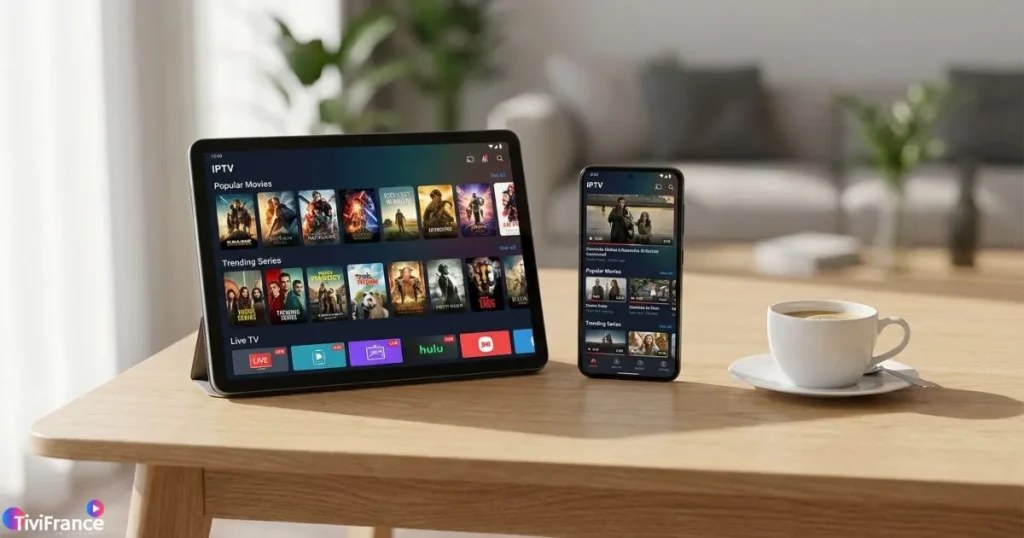 Application IPTV Android sur tablette et smartphone posés côte à côte