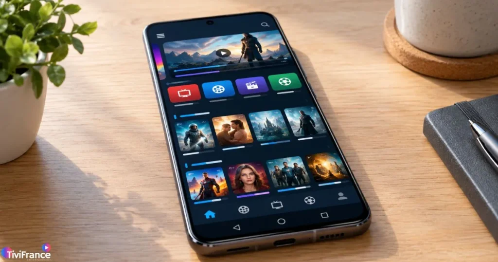 Interface d'une application IPTV mobile affichée sur un smartphone Android