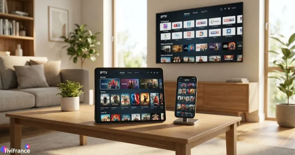 Configuration IPTV sur différents appareils : Smart TV, smartphone et tablette connectés