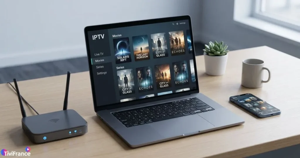 Schéma visuel du fonctionnement d'un serveur IPTV et de la connexion IPTV vers un appareil