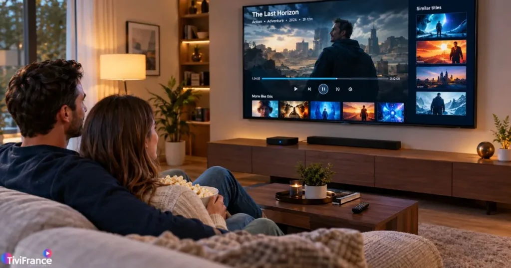 Lecteur IPTV Smart TV en cours de lecture sur un grand écran dans un salon familial confortable