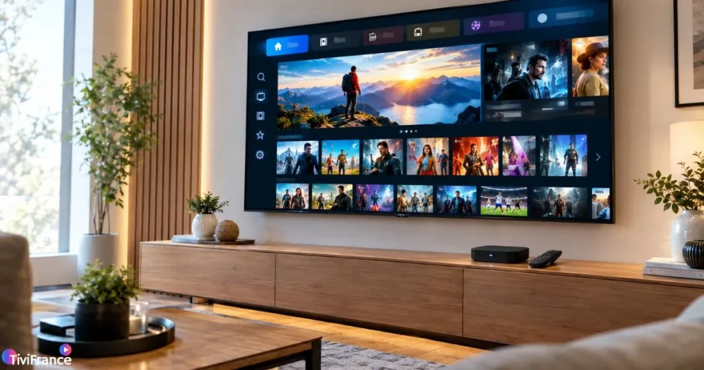 Décodeur IPTV Smart TV Samsung dans un salon avec interface IPTV active