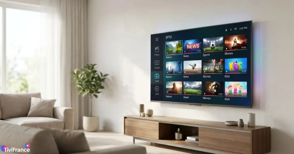 Appli IPTV Samsung Smart TV installée sur grand écran mural dans un intérieur moderne