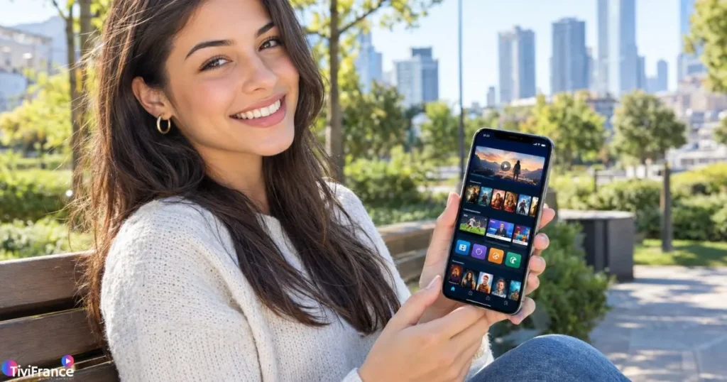 Personne regardant un contenu IPTV sur téléphone depuis un espace extérieur en plein air