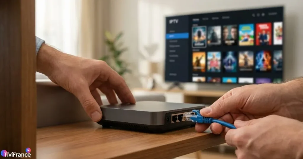 Connexion IPTV stable : câble Ethernet branché sur un routeur dans un salon moderne