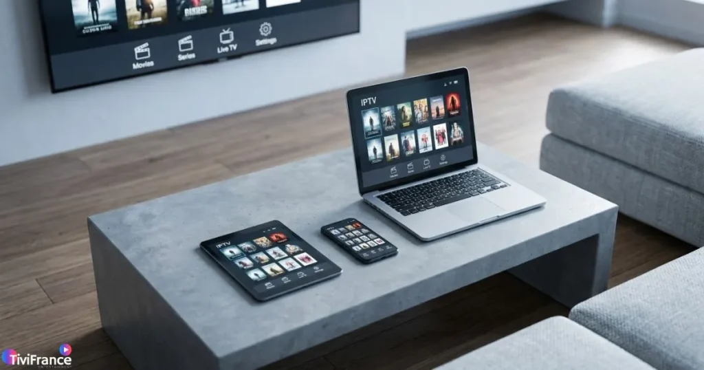 Compatibilité abonnement IPTV sur plusieurs appareils : Smart TV, smartphone et tablette affichant du contenu en streaming