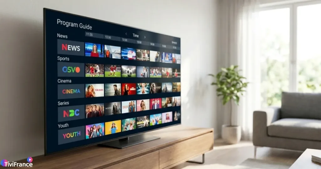 Interface d'un catalogue IPTV affichant le guide électronique des programmes sur grand écran