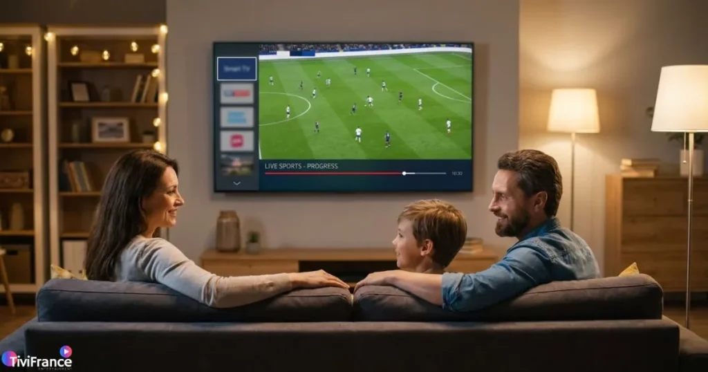Famille regardant une chaîne sport IPTV en streaming sur Smart TV dans un salon moderne