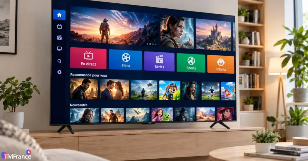 Interface d'une application IPTV Smart TV affichée sur un téléviseur connecté dans un intérieur moderne