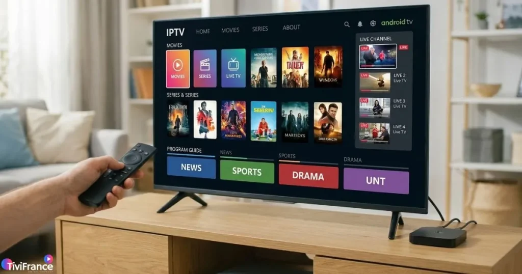 Interface d'un lecteur IPTV affichant des chaînes en direct sur un écran Android TV