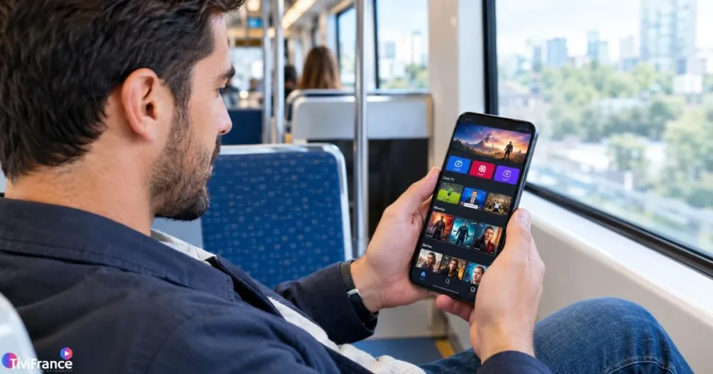 Homme regardant l'IPTV sur smartphone dans les transports en commun