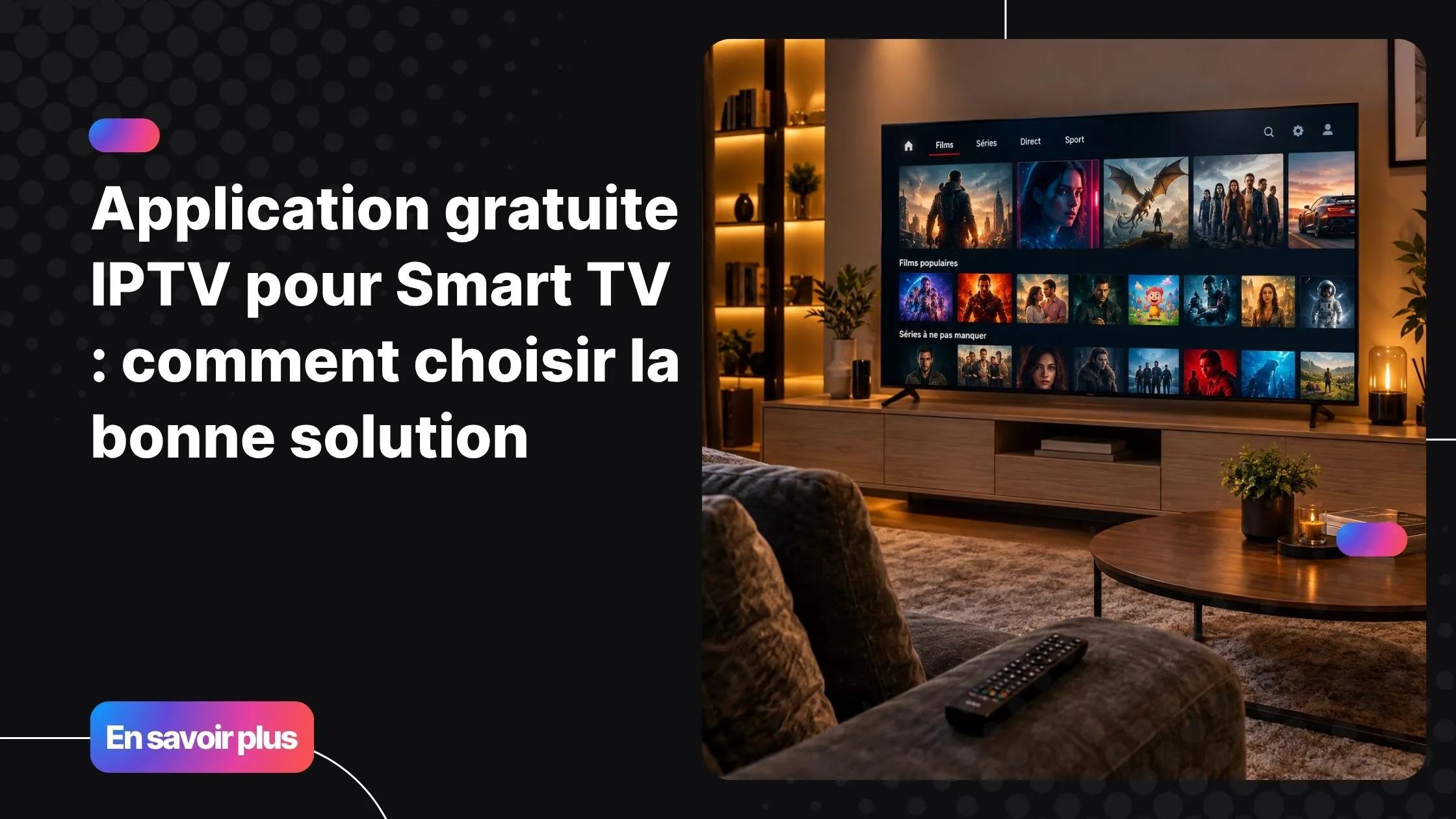 Application gratuite IPTV pour Smart TV affichée sur un grand écran de salon moderne