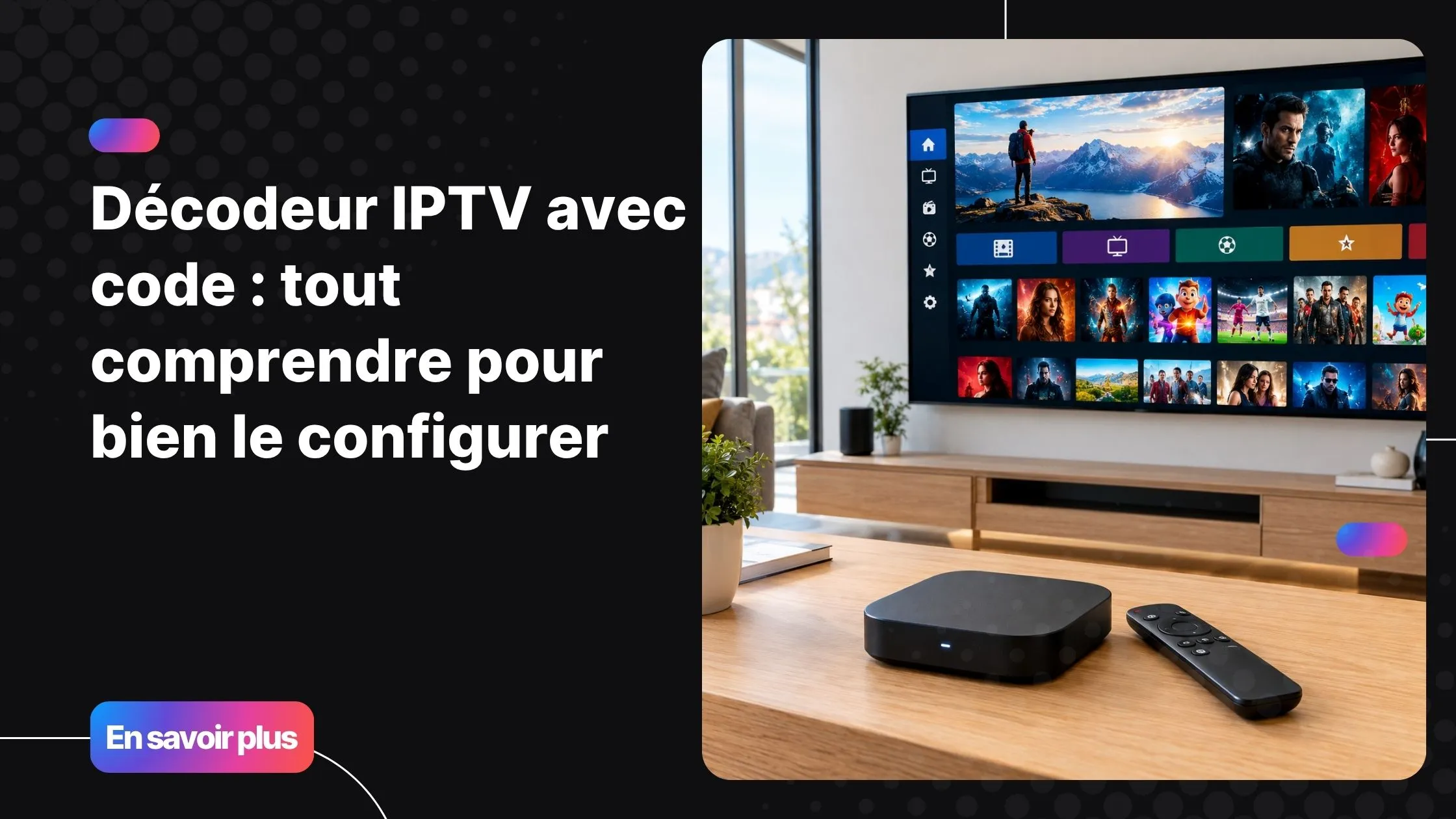 Décodeur IPTV avec code posé dans un salon moderne